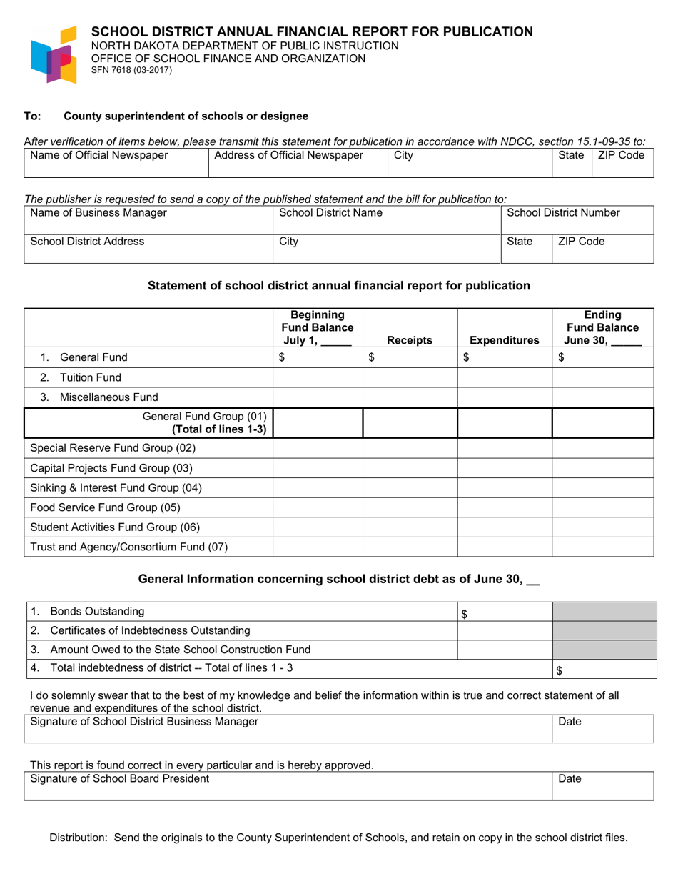Form SFN7618 School District Annual Financial Report for Publication - North Dakota, Page 1