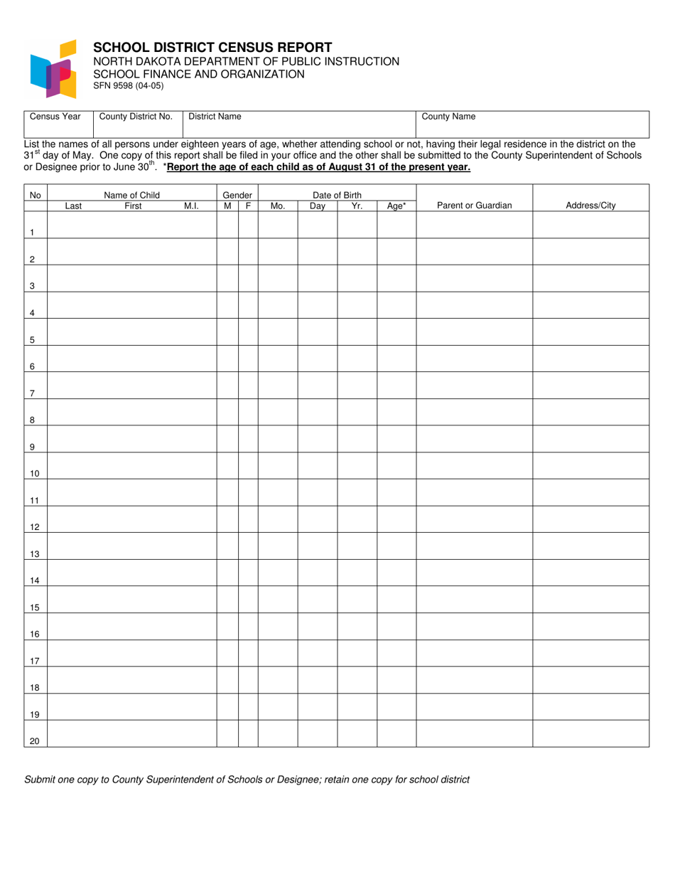 Form SFN9598 School District Census Report - North Dakota, Page 1