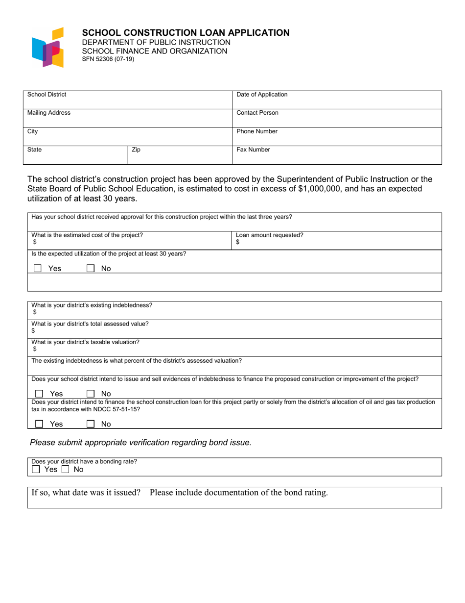 Form SFN52306 School Construction Loan Application - North Dakota, Page 1