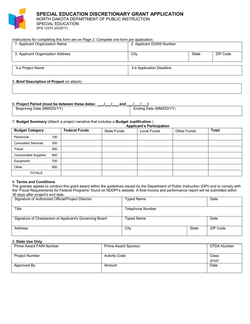 Form SFN12374 Special Education Discretionary Grant Application - North Dakota, Page 1