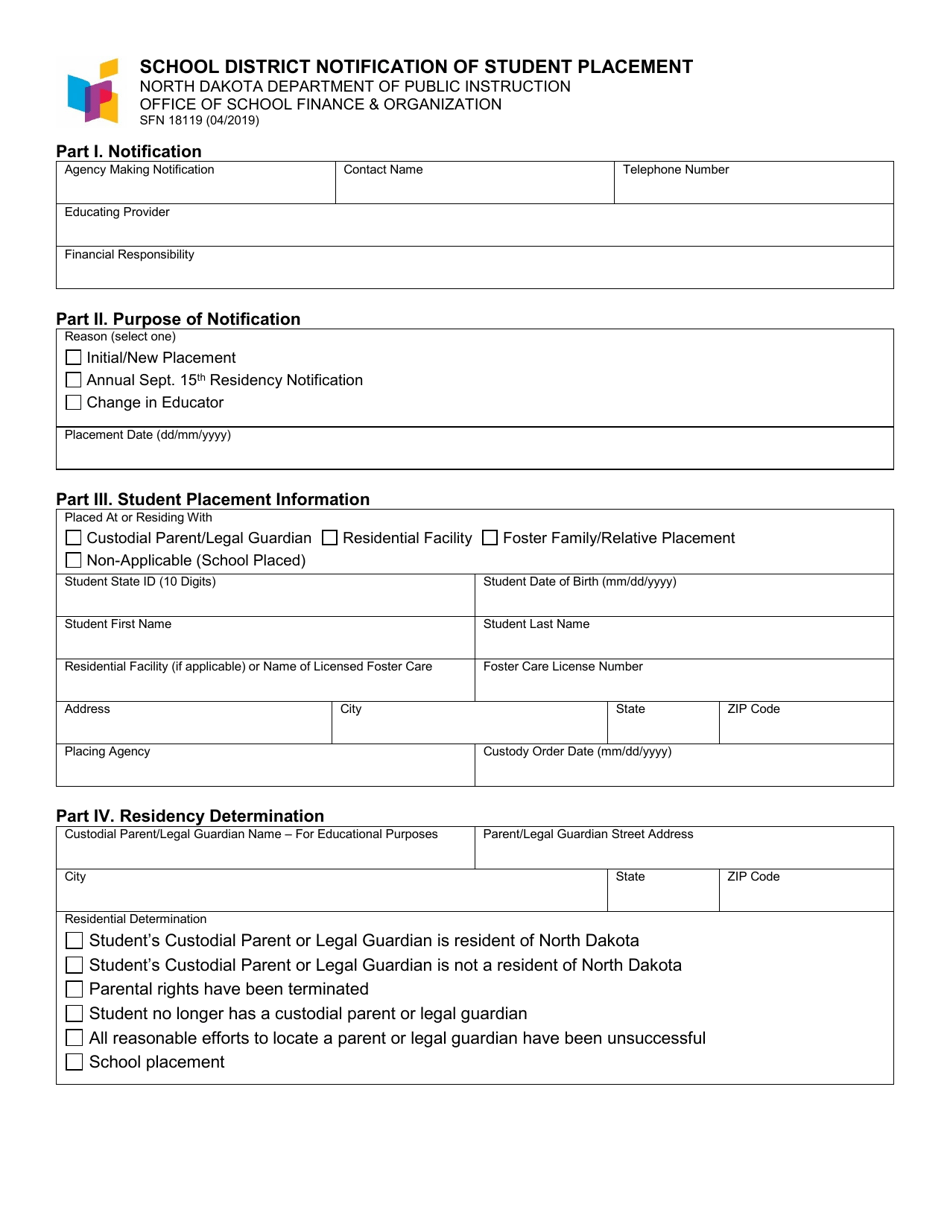 Form SFN18119 School District Notification of Student Placement - North Dakota, Page 1