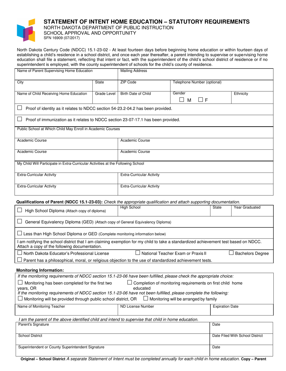 Form SFN16909 Statement of Intent Home Education - Statutory Requirements - North Dakota, Page 1