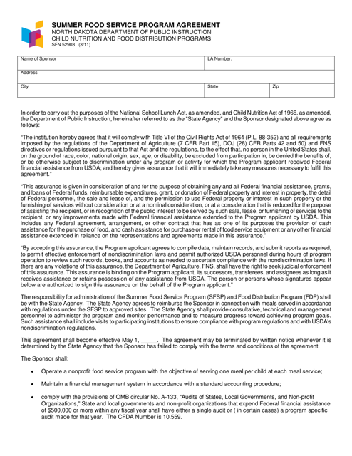 Form SFN52903 Summer Food Service Program Agreement - North Dakota