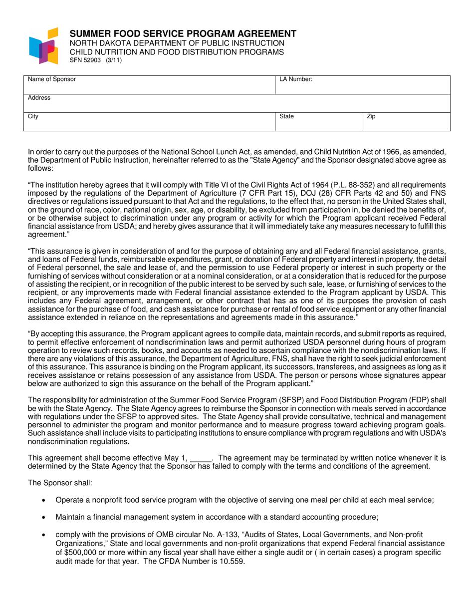 Form SFN52903 Summer Food Service Program Agreement - North Dakota, Page 1