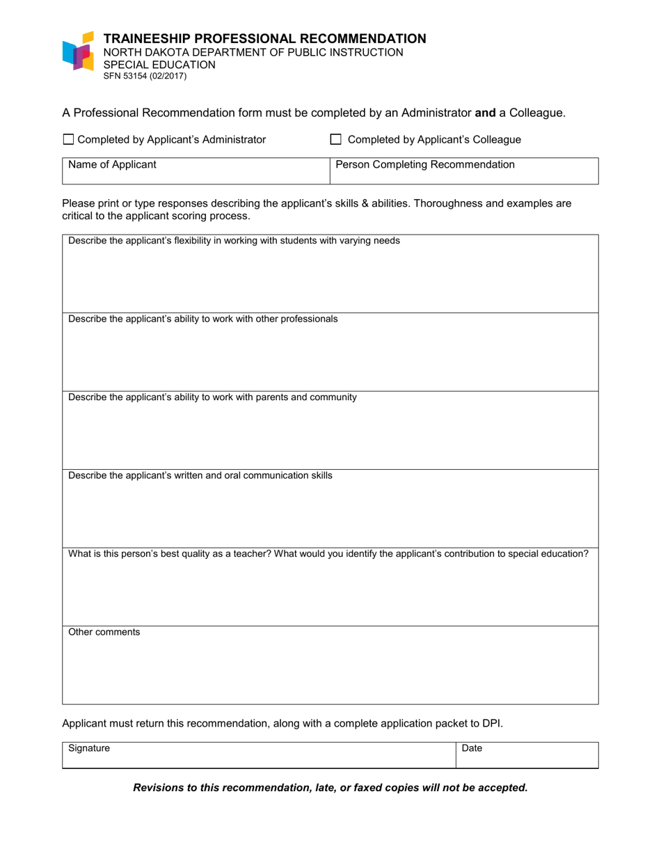 Form SFN53154 Traineeship Professional Recommendation - North Dakota, Page 1