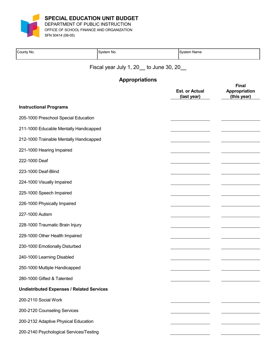 Form SFN50414 Special Education Unit Budget - North Dakota, Page 1