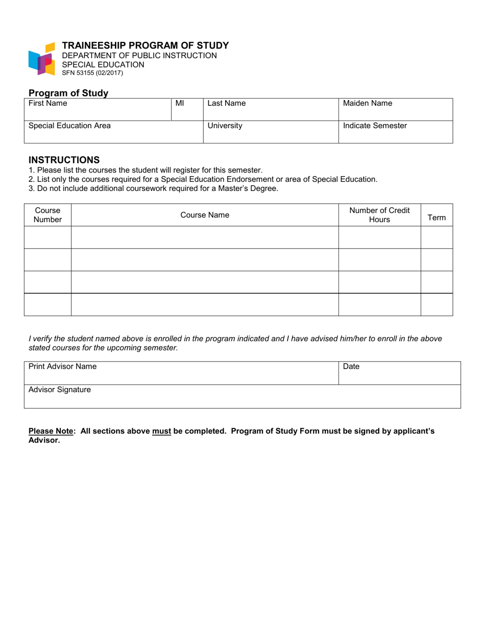 Form SFN53155 Traineeship Program of Study - North Dakota, Page 1