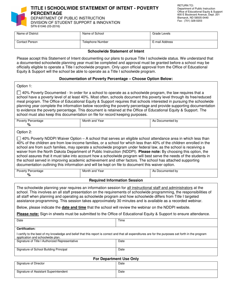 Form SFN61046 Title I Schoolwide Statement of Intent - Poverty Percentage - North Dakota, Page 1