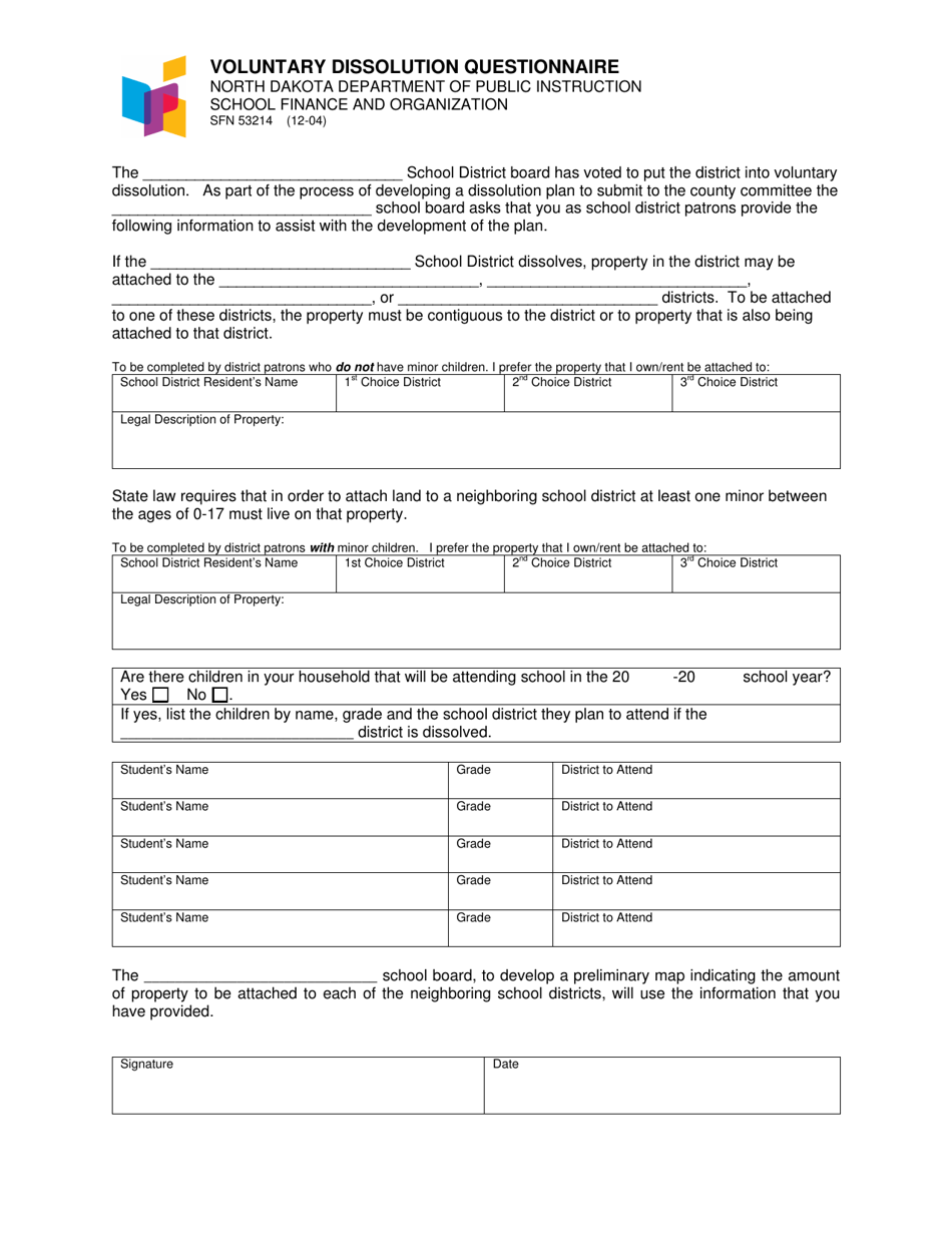 Form SFN53214 Voluntary Dissolution Questionnaire - North Dakota, Page 1