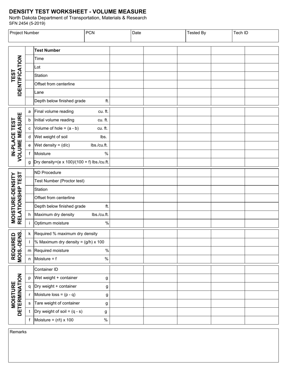 Form SFN2454 Density Test Worksheet - Volume Measure - North Dakota, Page 1