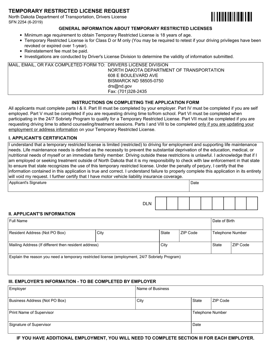Form SFN2254 Temporary Restricted License Request - North Dakota, Page 1