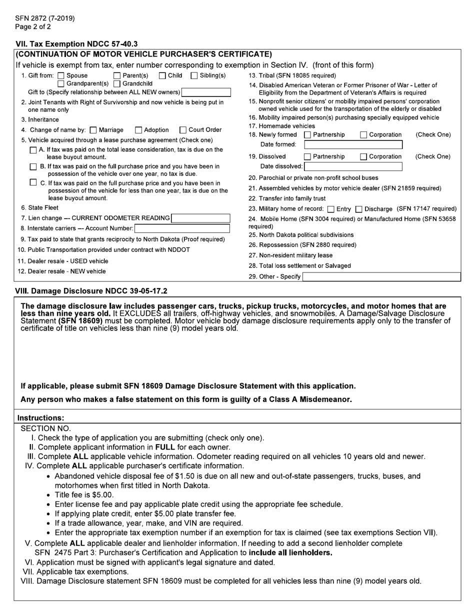 Form SFN2872 Application for Certificate of Title  Registration of a Vehicle - North Dakota, Page 2