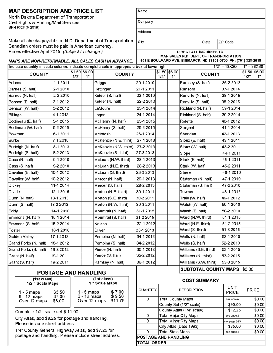 Form SFN9326 Map Description and Price List - North Dakota, Page 1
