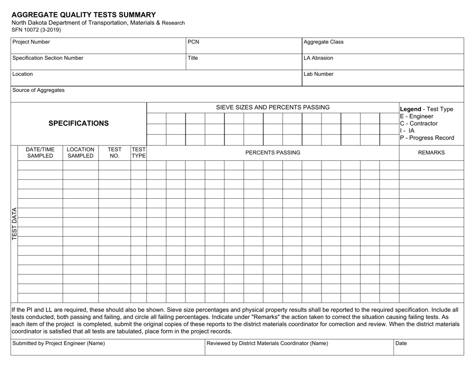Form SFN10072 Aggregate Quality Tests Summary - North Dakota, Page 1