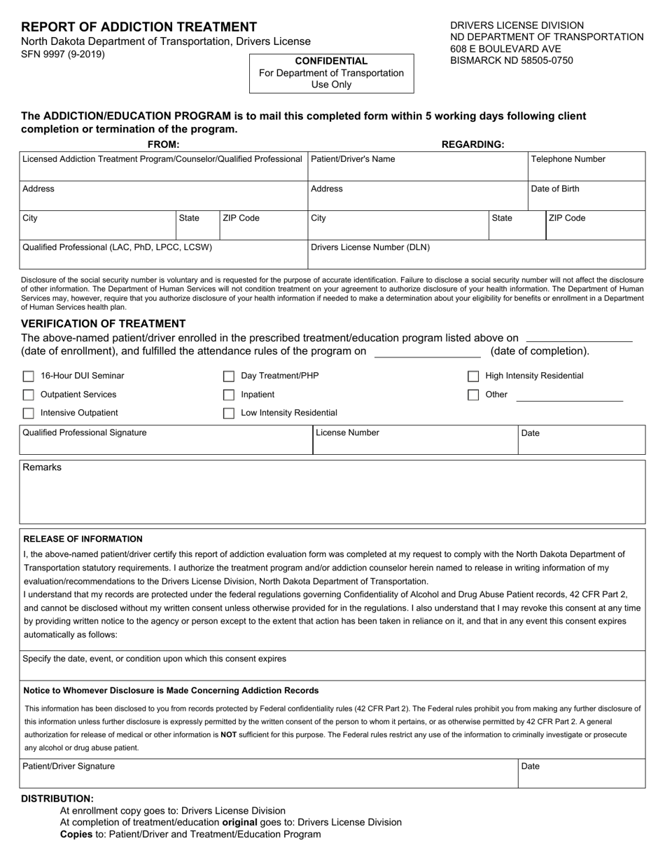 Form SFN9997 Download Fillable PDF or Fill Online Report of Addiction ...