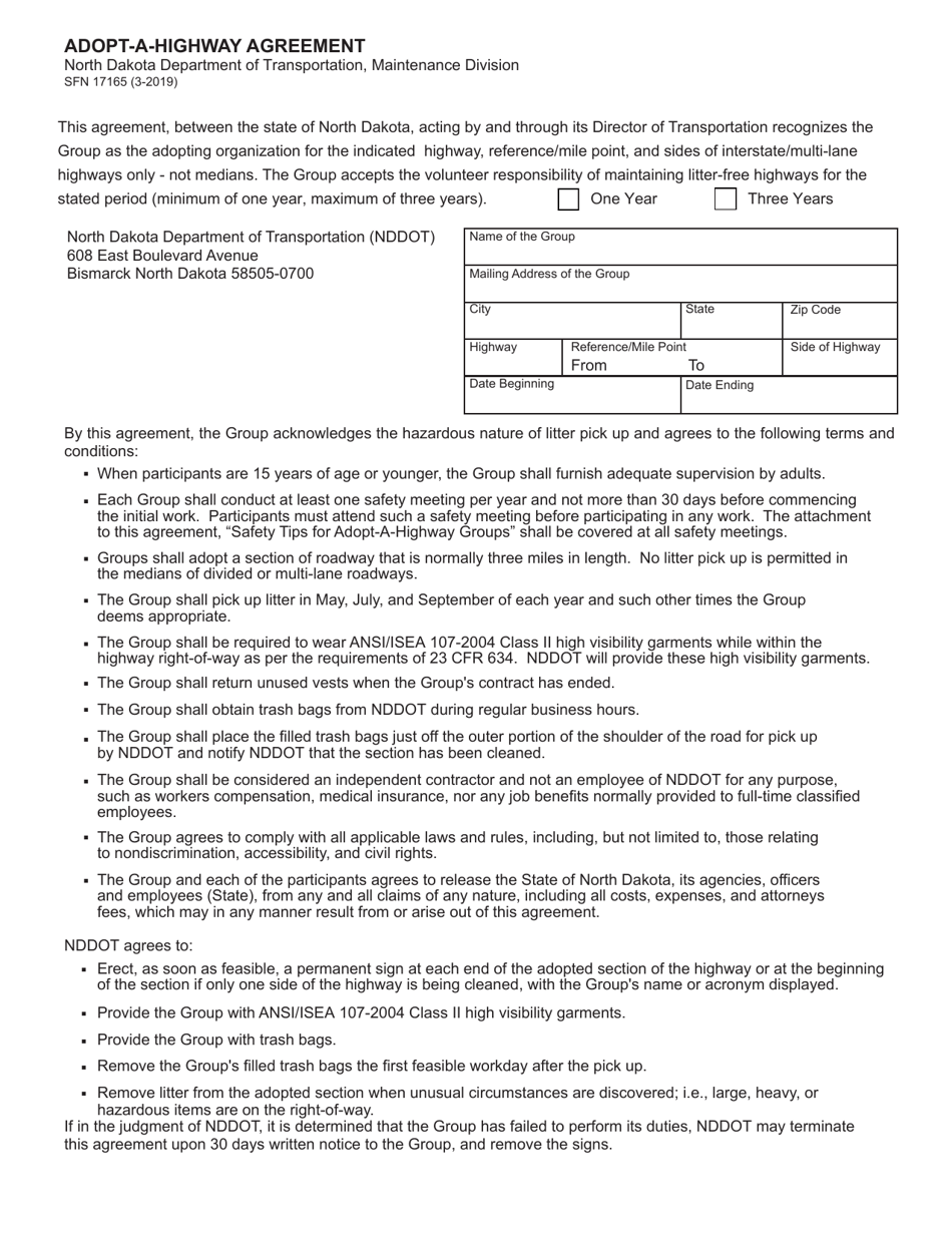 Form SFN17165 Adopt-A-highway Agreement - North Dakota, Page 1