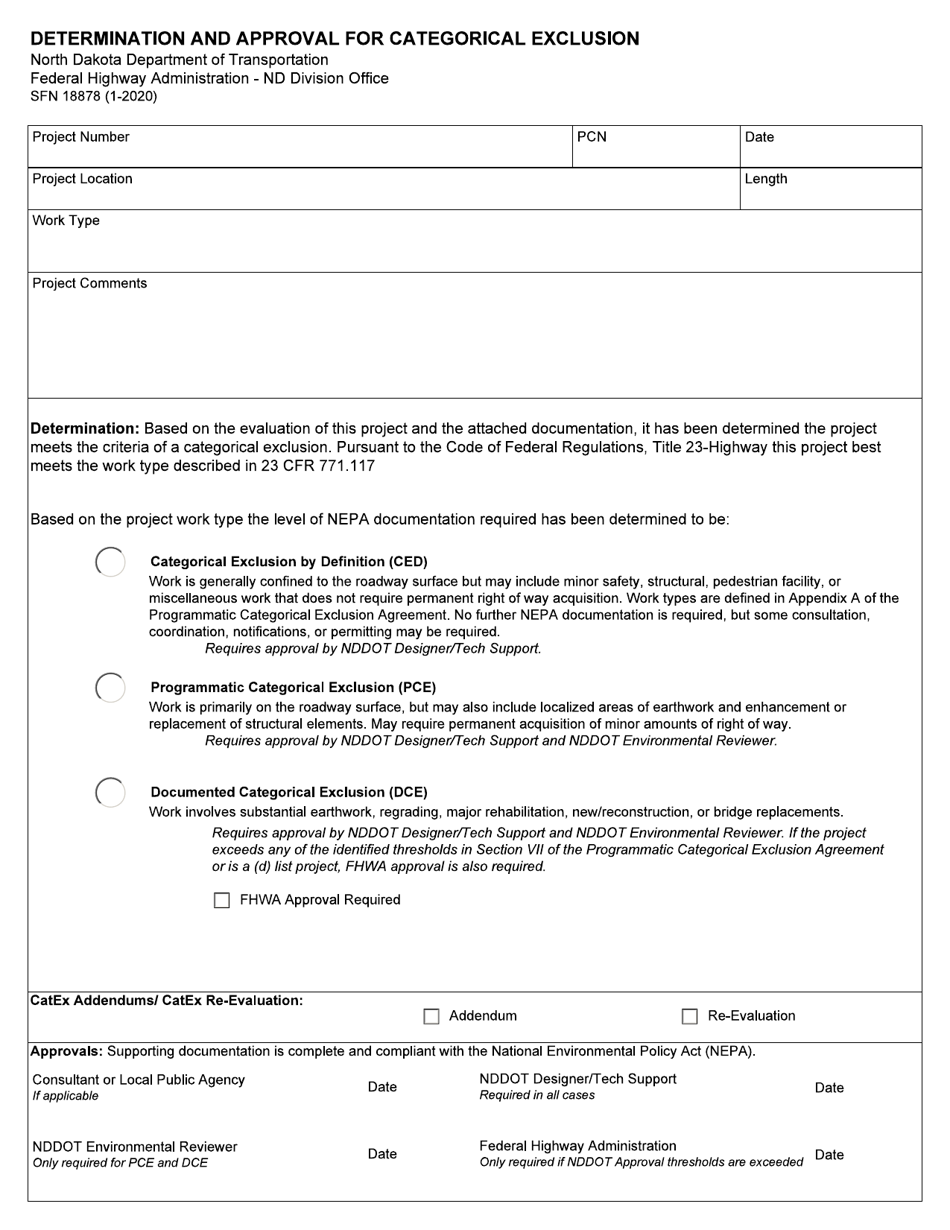 Form SFN18878 Determination and Approval Form (Categorical Exclusion) - North Dakota, Page 1