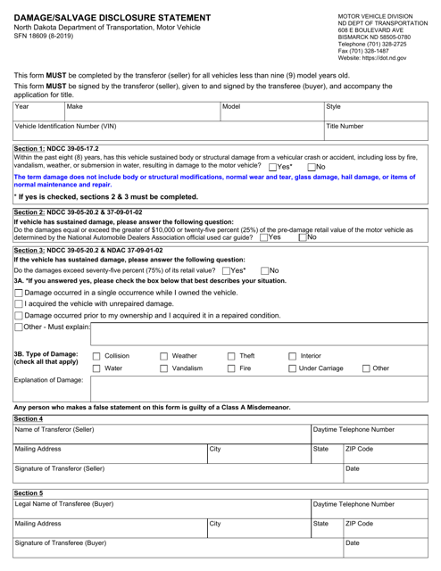 Form SFN18609 Damage/Salvage Disclosure Statement - North Dakota