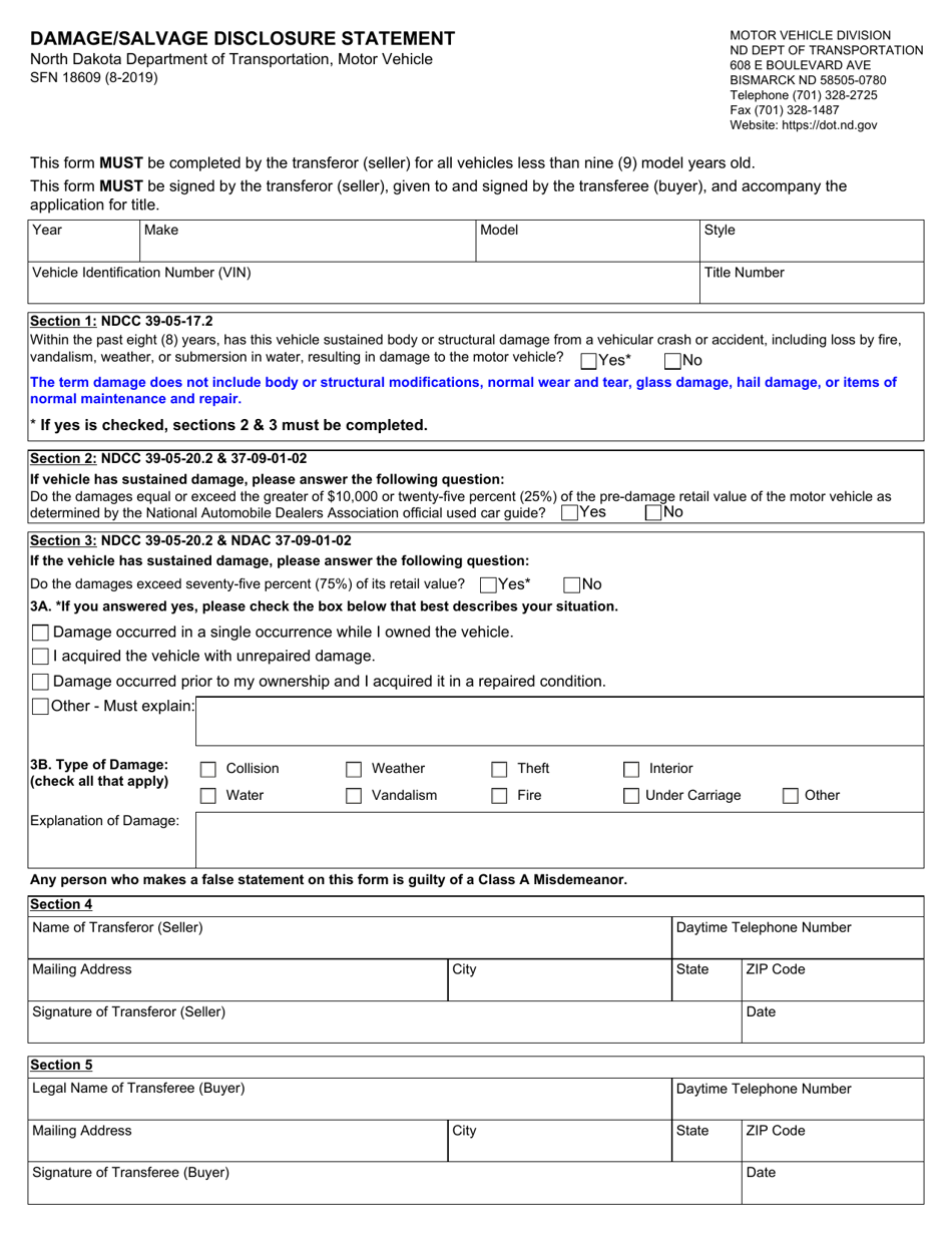 Form SFN18609 Damage / Salvage Disclosure Statement - North Dakota, Page 1