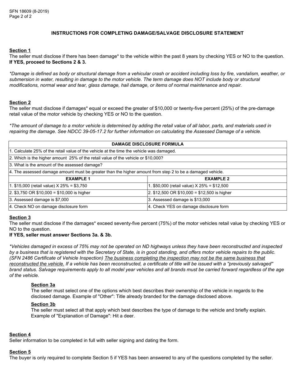 Form SFN18609 Damage / Salvage Disclosure Statement - North Dakota, Page 2