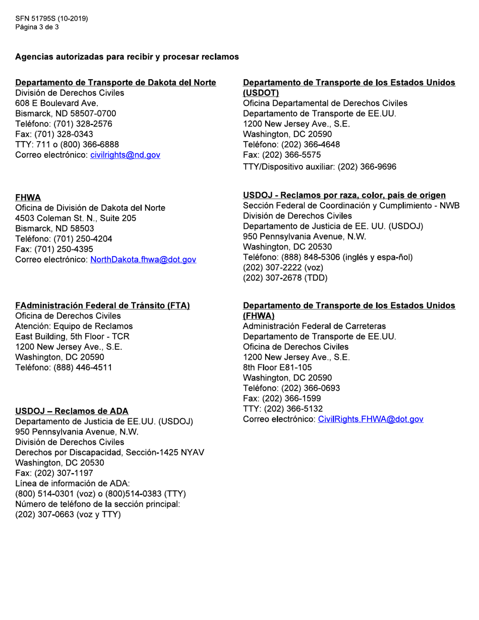 Formulario SFN51795S Reclamos De Discriminacion Externos - North Dakota (Spanish), Page 3