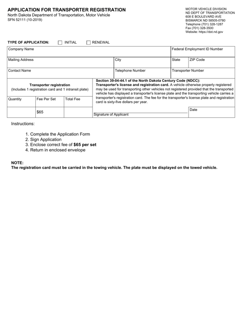 Form SFN52111 Application for Transporter Registration - North Dakota