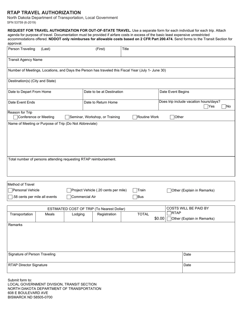 Form SFN53759 Rtap Travel Authorization - North Dakota, Page 1