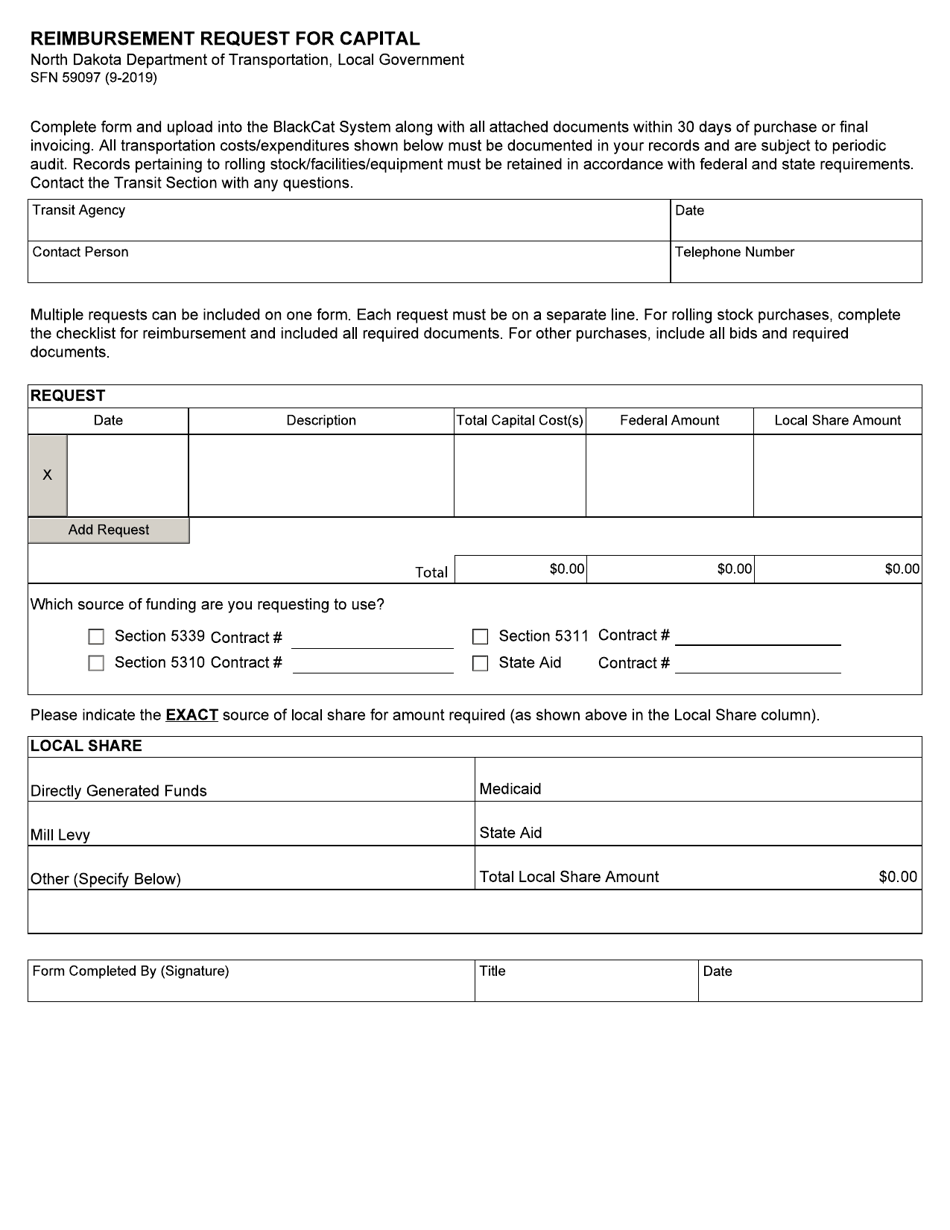 Form SFN59097 Reimbursement Request for Capital - North Dakota, Page 1