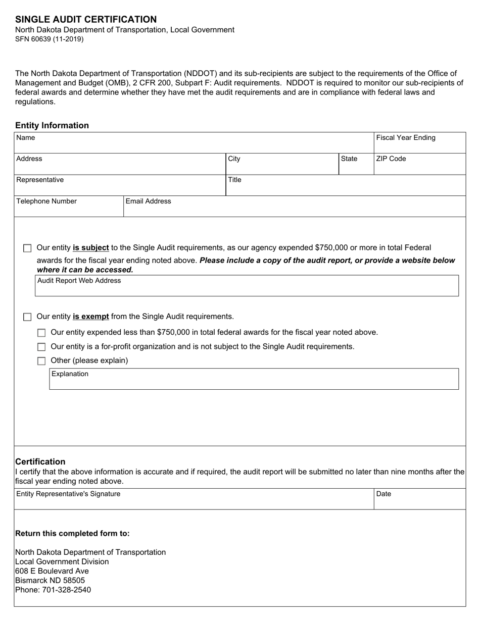Form SFN60639 Single Audit Certification - North Dakota, Page 1