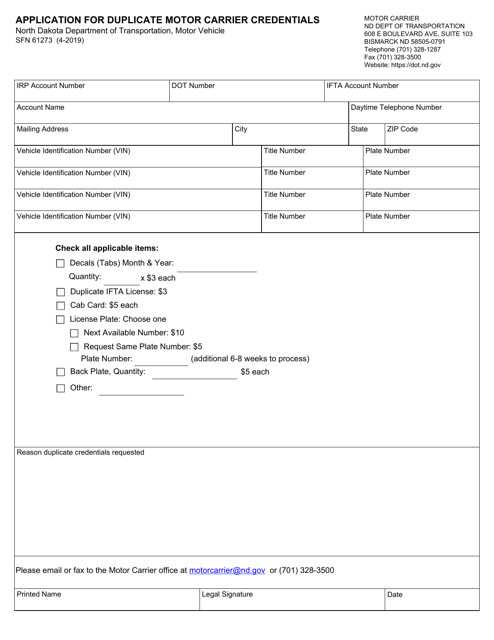 Form SFN61273 Application for Duplicate Motor Carrier Credentials - North Dakota