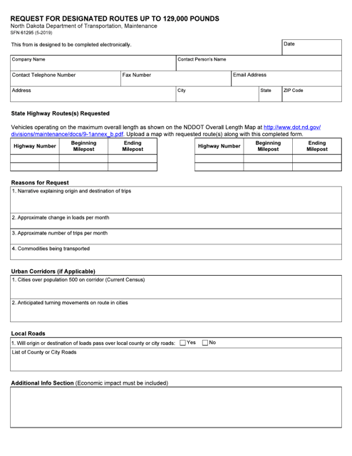 Form SFN61295 Request for Designated Routes up to 129,000 Pounds - North Dakota