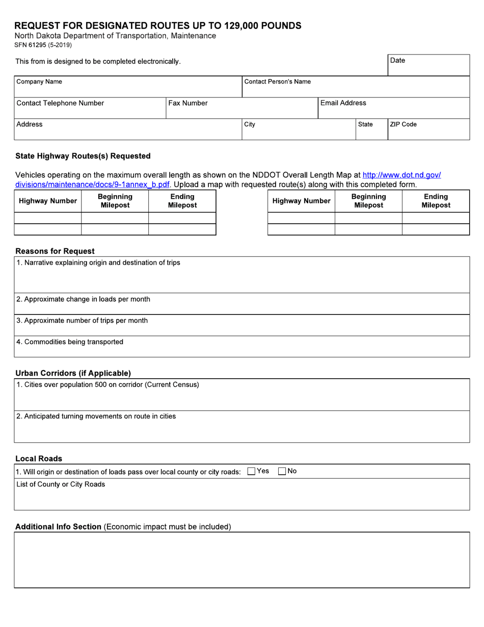 Form SFN61295 Request for Designated Routes up to 129,000 Pounds - North Dakota, Page 1
