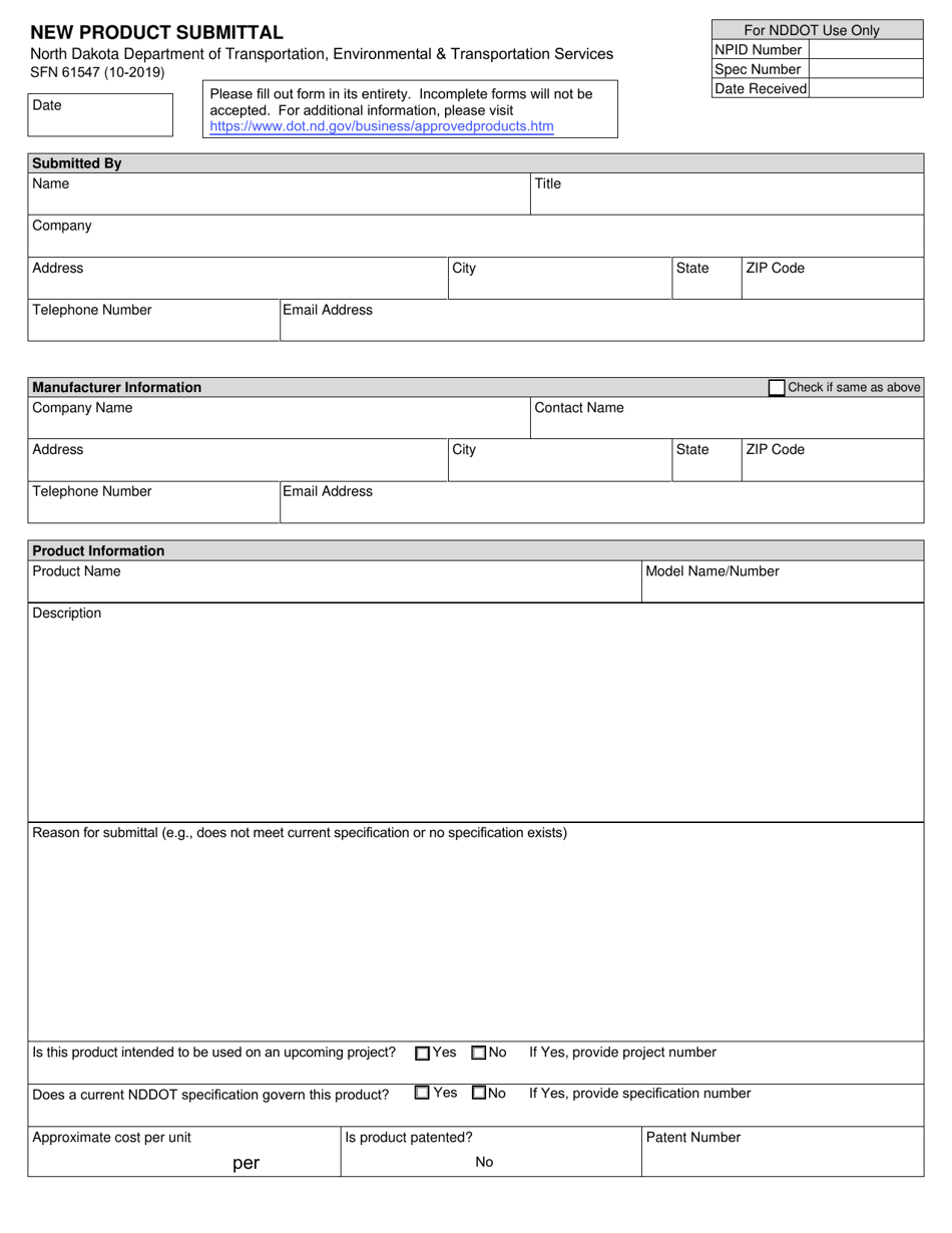 Form Sfn61547 - Fill Out, Sign Online And Download Fillable Pdf, North 