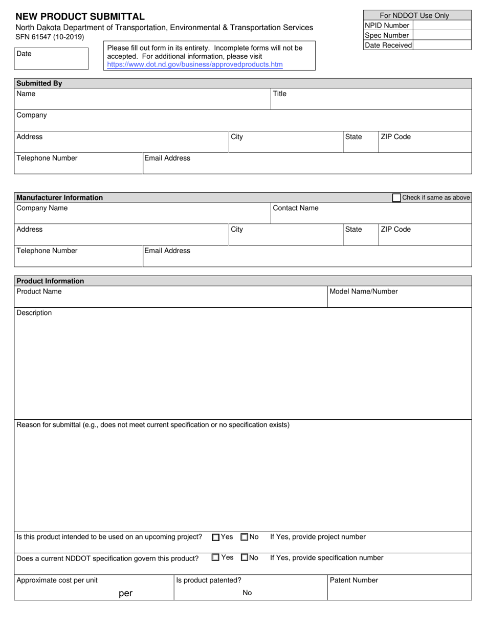 Form SFN61547 New Product Submittal - North Dakota, Page 1