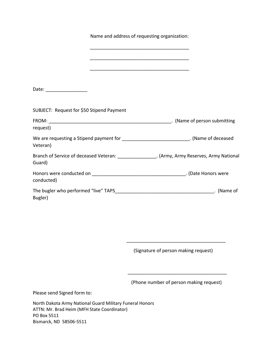 Funeral Honor Stipend Application Form - North Dakota, Page 1