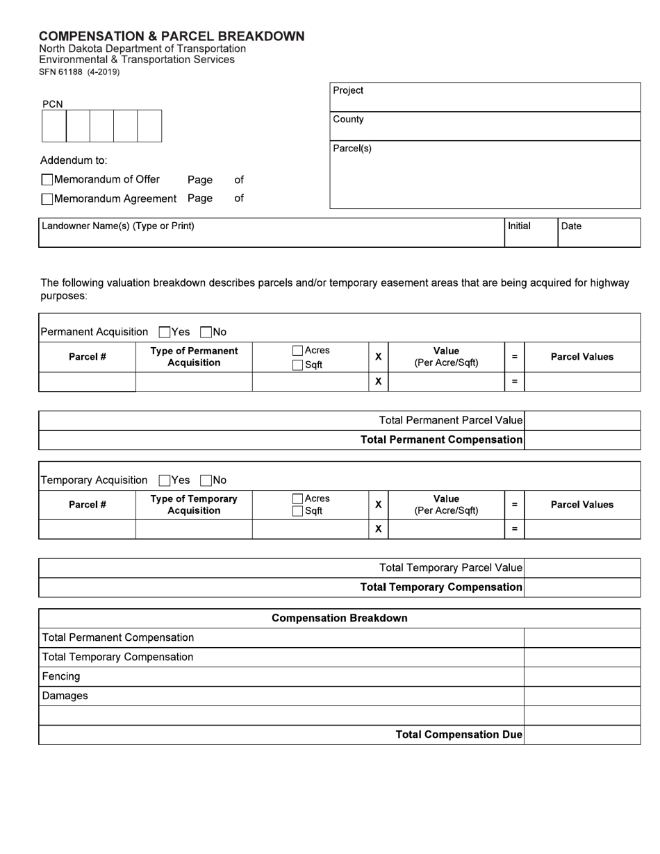 Form SFN61188 Compensation  Parcel Breakdown - North Dakota, Page 1