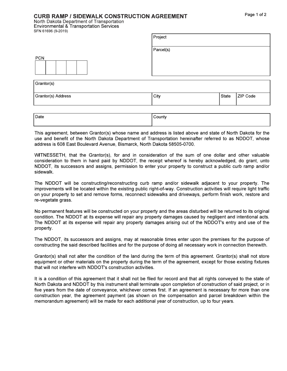 Form SFN61696 Curb Ramp / Sidewalk Construction Agreement - North Dakota, Page 1