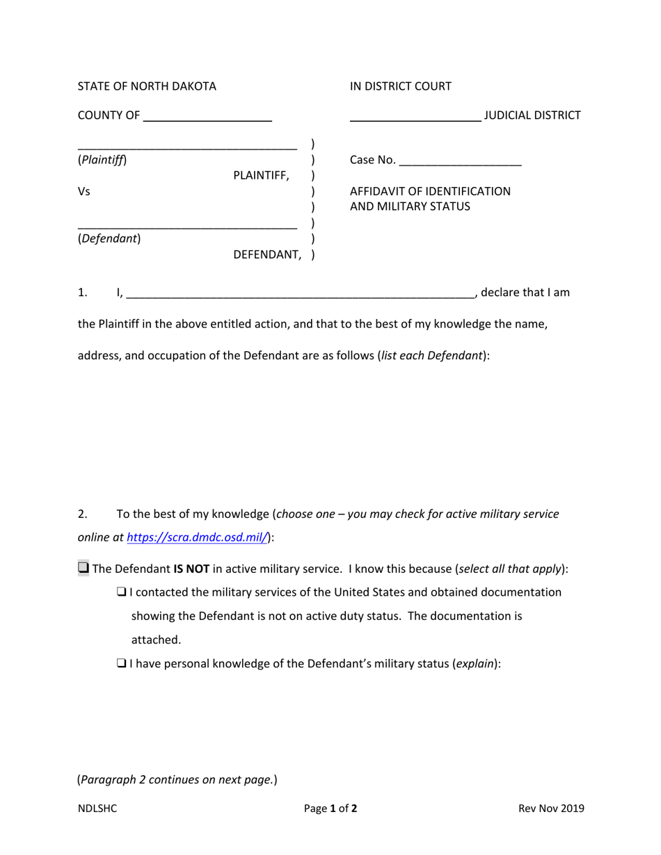 Affidavit of Identification and Military Status - North Dakota, Page 1