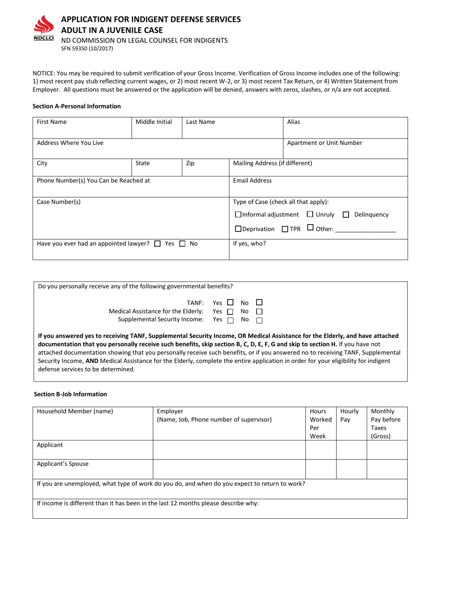 Form SFN59350 Application for Indigent Defense Services - Adult in a Juvenile Case - North Dakota, Page 1
