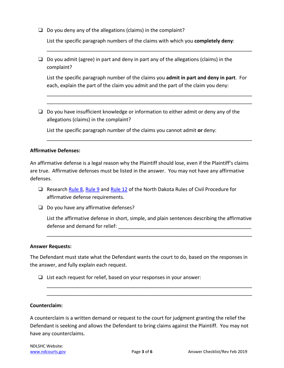 Answering a Civil Summons and Complaint Checklist - North Dakota, Page 3