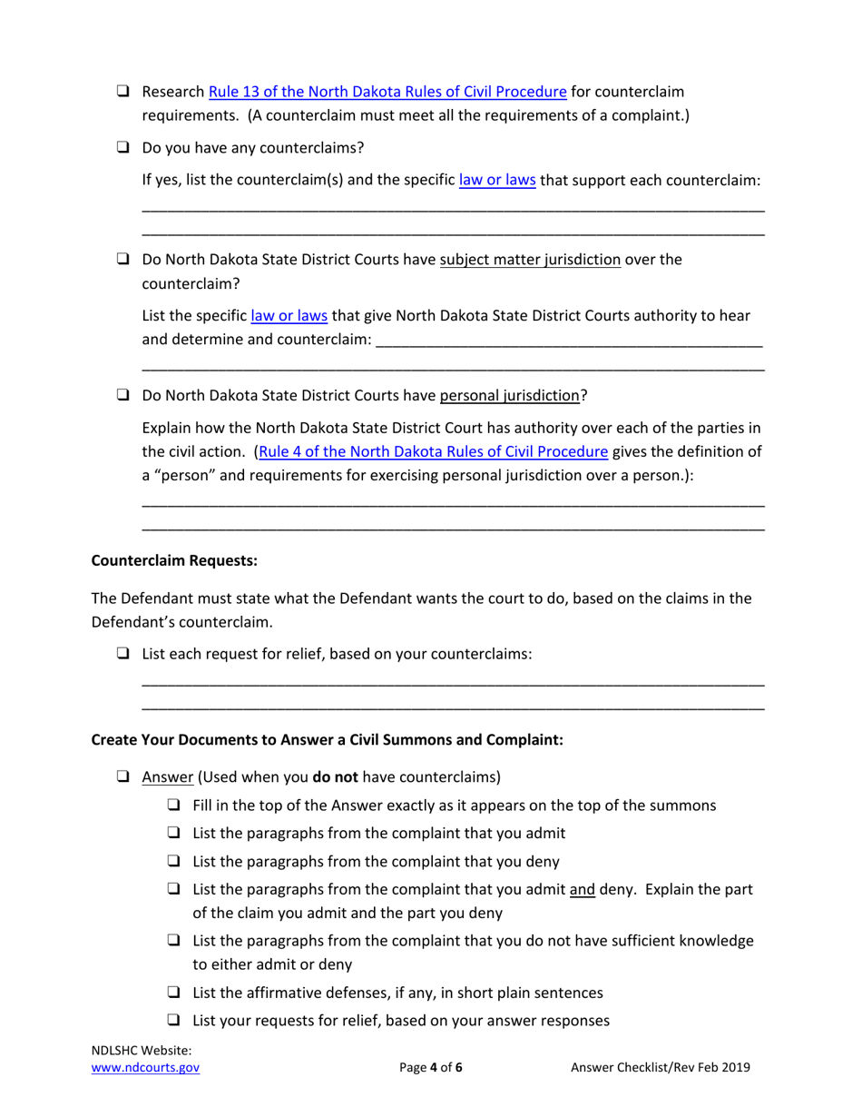 Answering a Civil Summons and Complaint Checklist - North Dakota, Page 4
