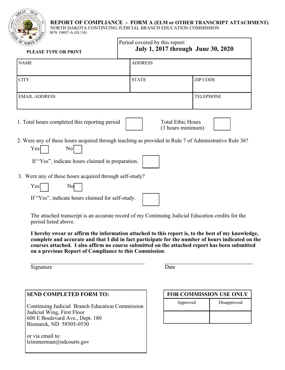 Form A (SFN19487-A) Report of Compliance (Elm or Other Transcript Attachment) - North Dakota, Page 1