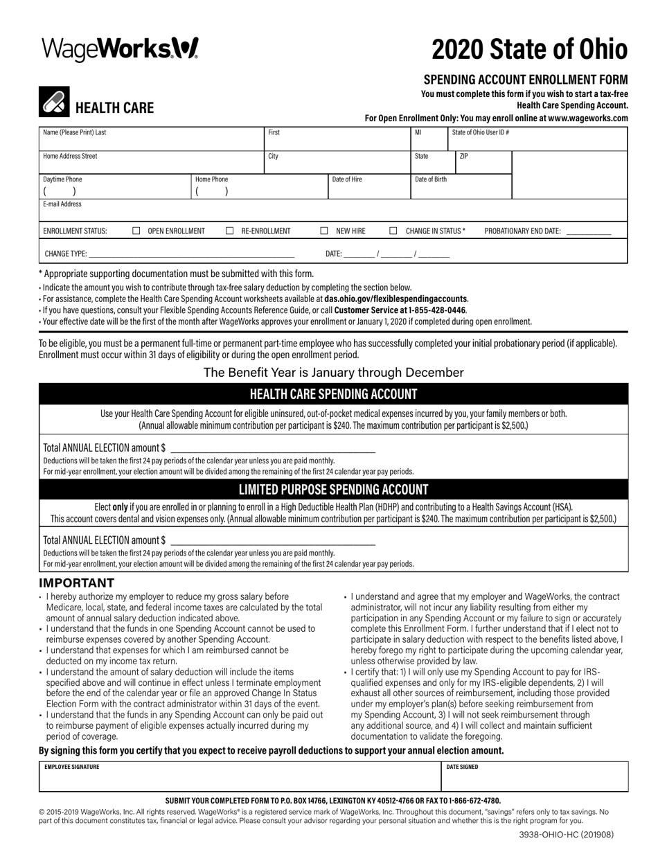 Form 3938-OHIO-HC Spending Account Enrollment Form - Ohio, Page 1