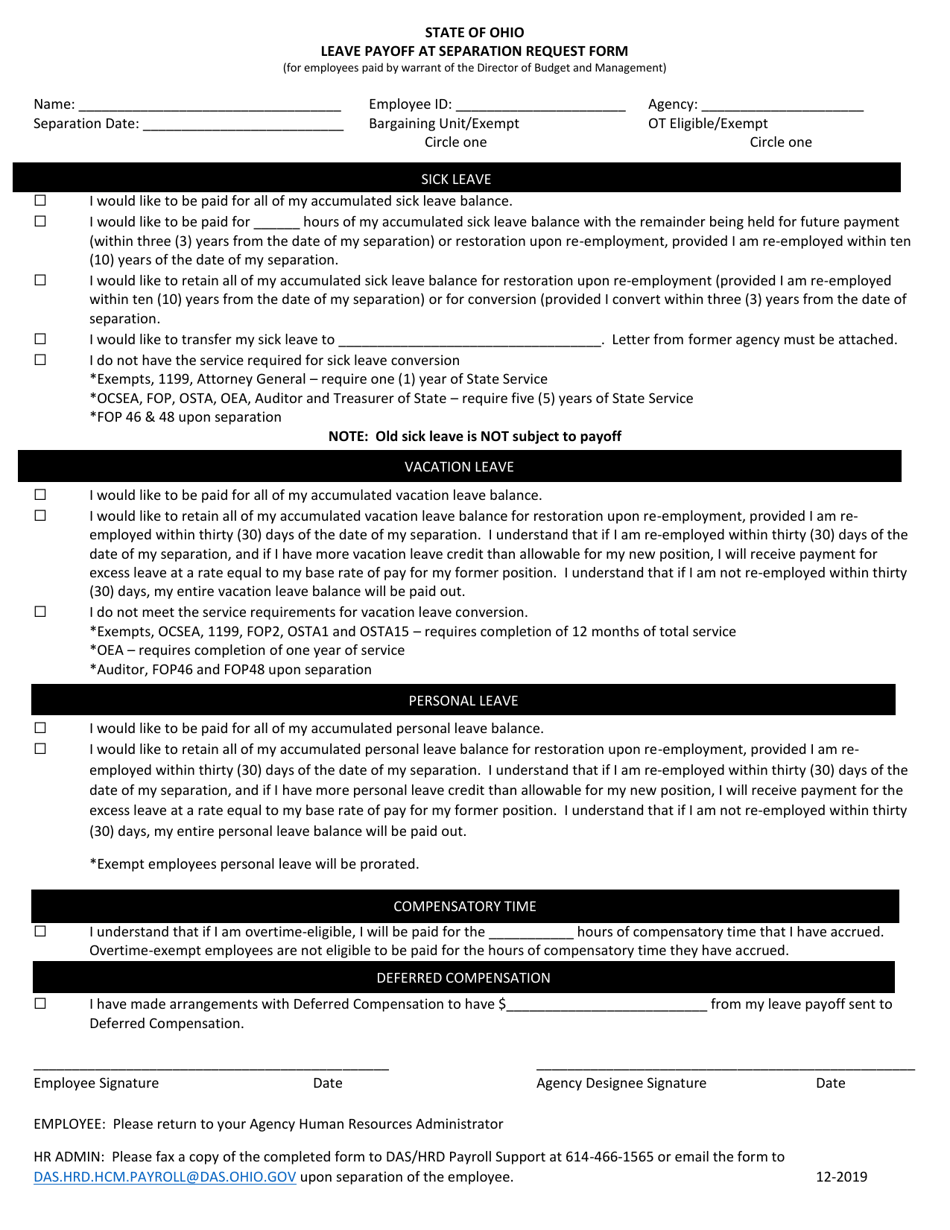 Leave Payoff at Separation Request Form - Ohio, Page 1