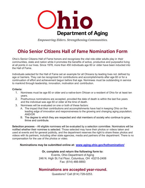 Ohio Senior Citizens Hall of Fame Nomination Form - Ohio Download Pdf