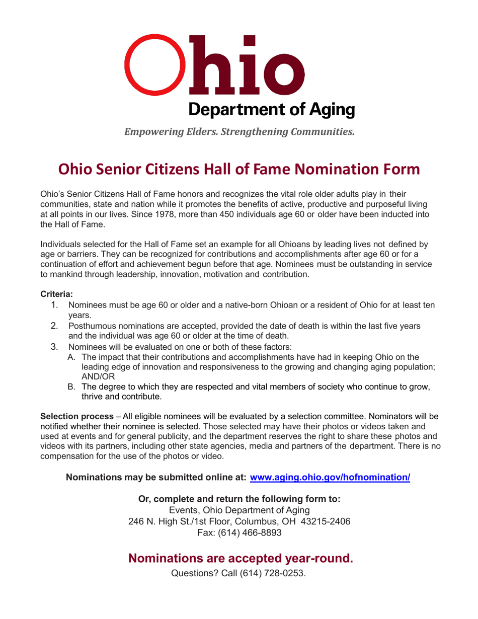 Ohio Senior Citizens Hall of Fame Nomination Form - Ohio, Page 1