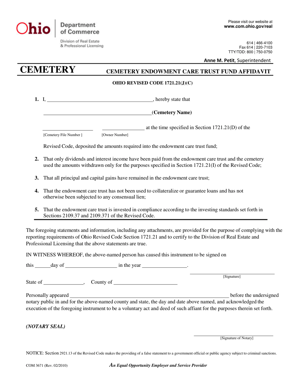 Form COM3671 Cemetery Endowment Care Trust Affidavit - Ohio, Page 1