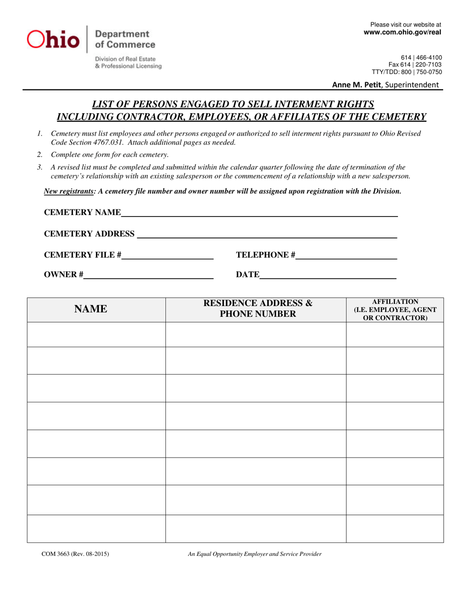 Form COM3663 List of Persons Engaged to Sell Interment Rights Including Contractor, Employees, or Affiliates of the Cemetery - Ohio, Page 1