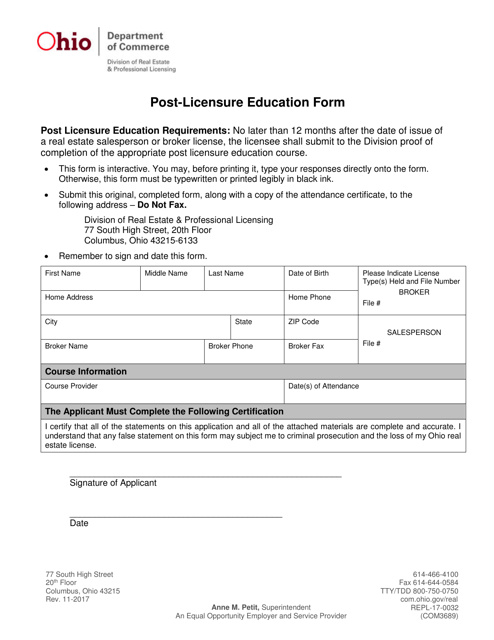 Form COM3689 (REPL-17-0032) Post-licensure Education Form - Ohio