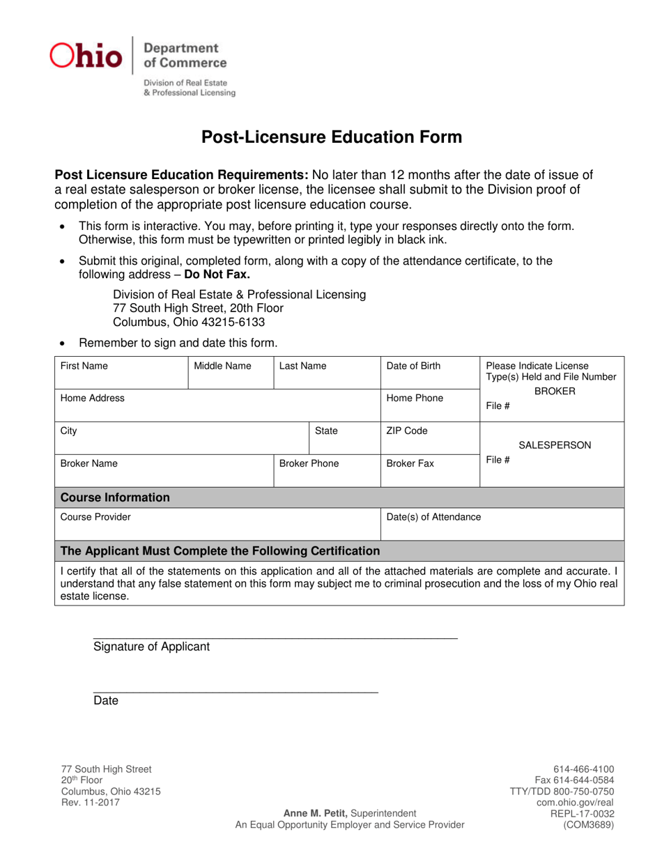 Form COM3689 (REPL-17-0032) Post-licensure Education Form - Ohio, Page 1